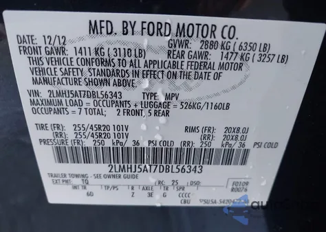 2013 Lincoln Mkt Ecoboost z USA, uszkodzony, nr VIN 2LMHJ5AT7DBL56343